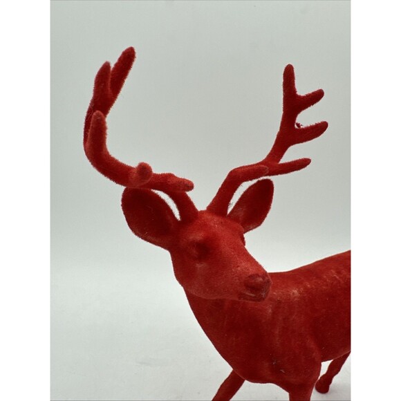 Vintage Red Flocked Reindeer Buck Deer Christmas Decor Plastic - Picture 2 of 16